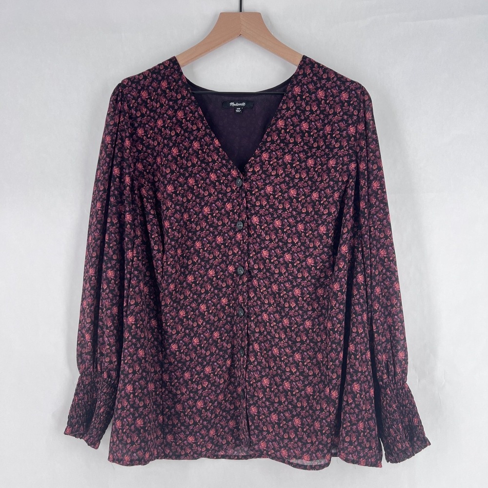 Madewell Blouse Top Womens 18 Multicolor Orchid Floral Smocked Cuff Button Front